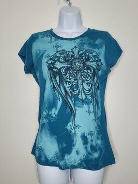 Ransom teal cyber grunge myspace emo short sleeve wings cross top size xl